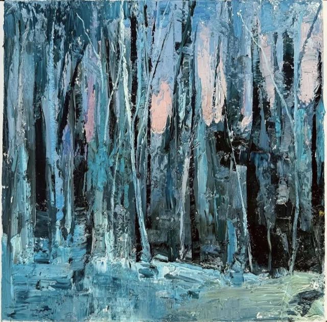 A painting hanging in the gallery: bare winter birches in blues and blacks, snow below, a pale sky showing between the trunks.