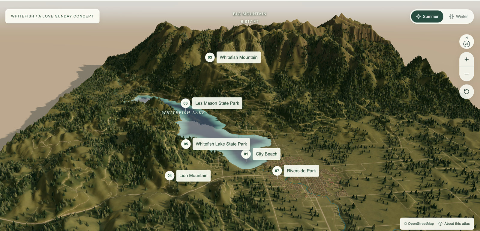Love Sunday’s 3D Whitefish atlas: the lake below Big Mountain, forested slopes, the town, and seven numbered destination pins in warm afternoon light.